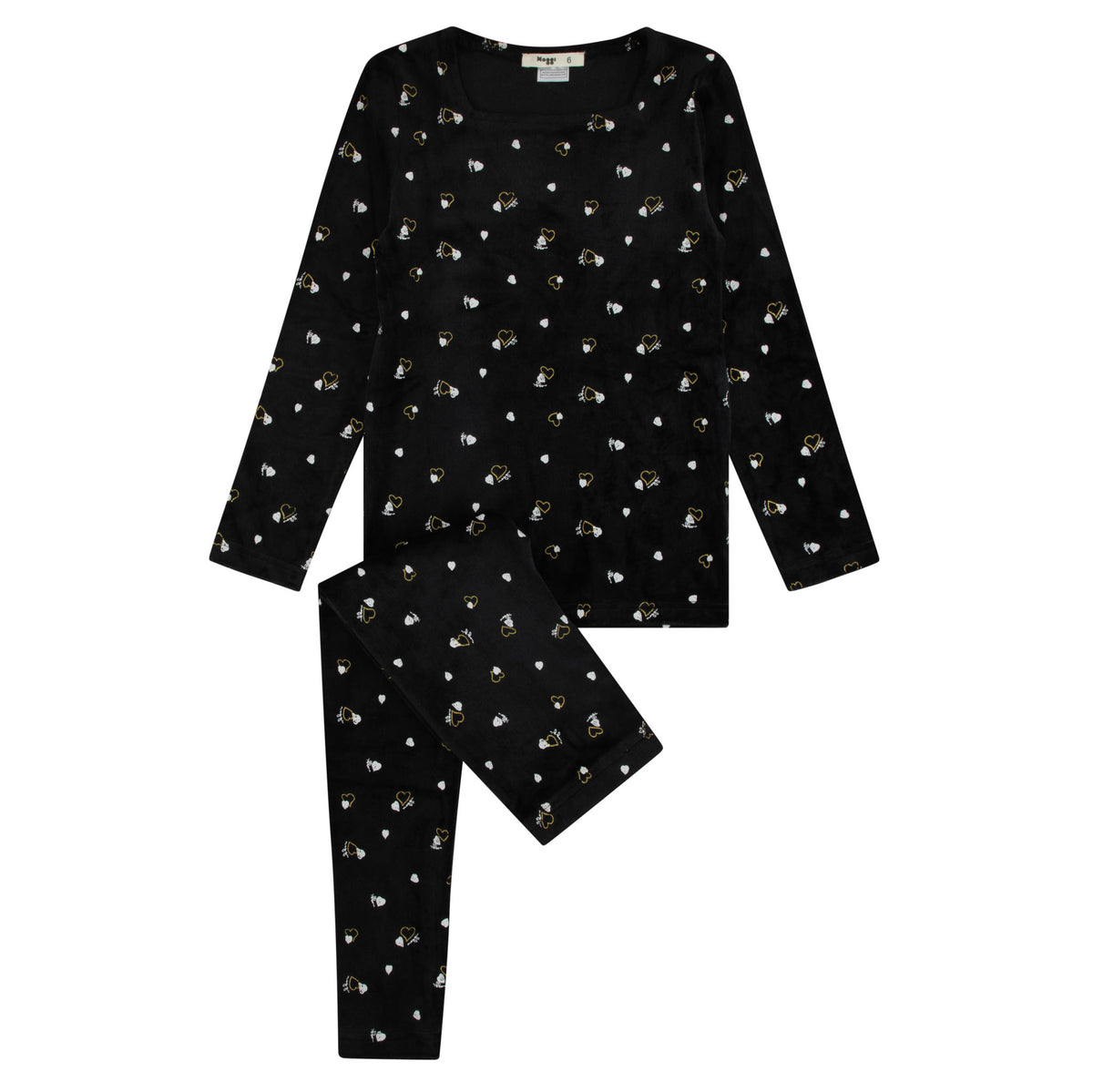 Velour Heart Printed Black Gold And White Heart Print Loungewear Set