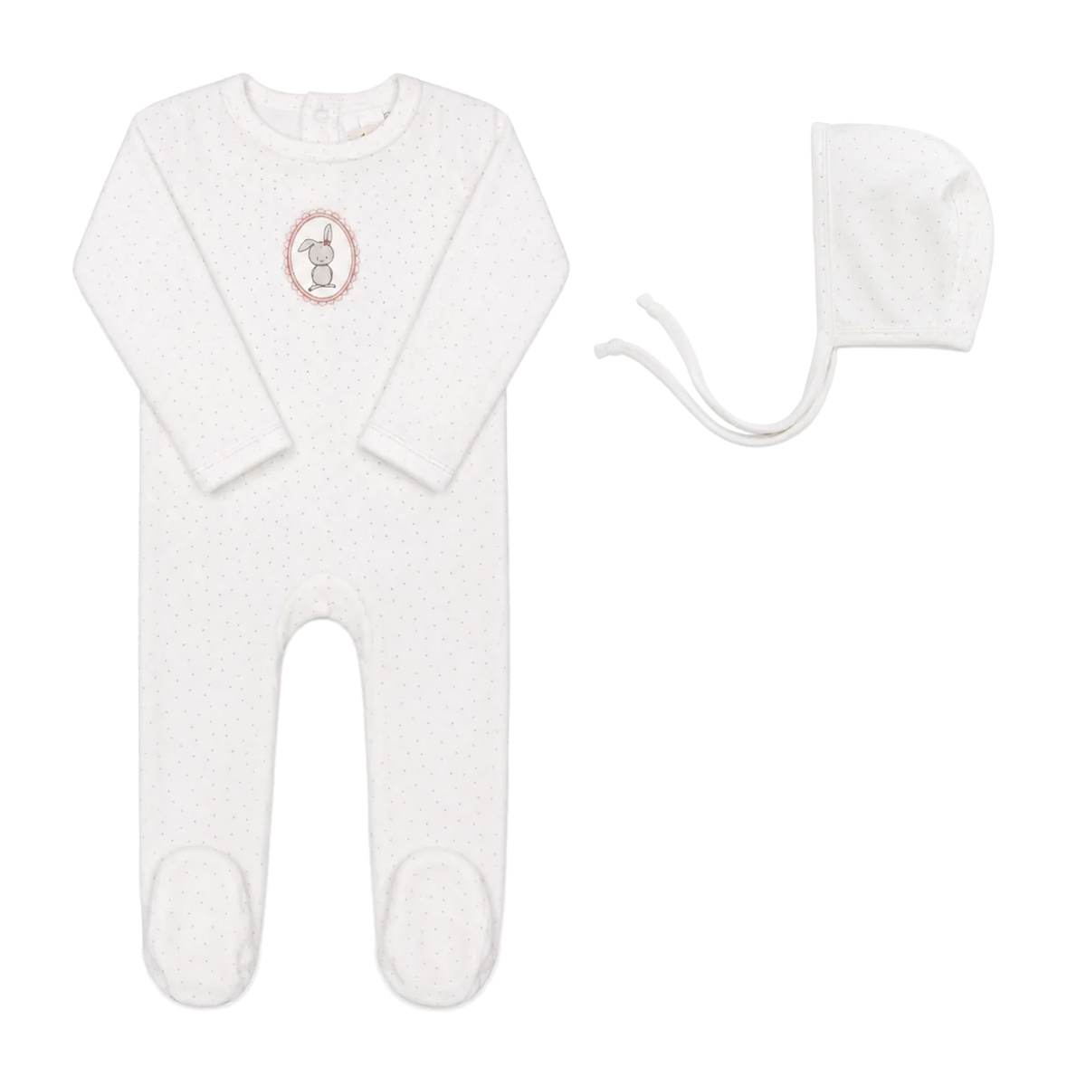Bunny Pin Dot Ivory Girl Footie + Bonnet