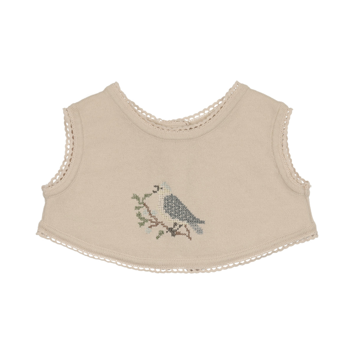 Knit Cross Stitch Overlay Stone/Blue Bib