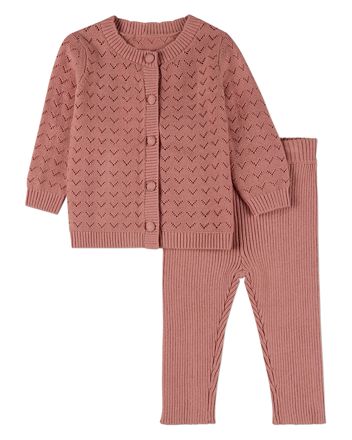 Chevron Knit Cardigan With Scalloped Neck 2 PC Mauve Set