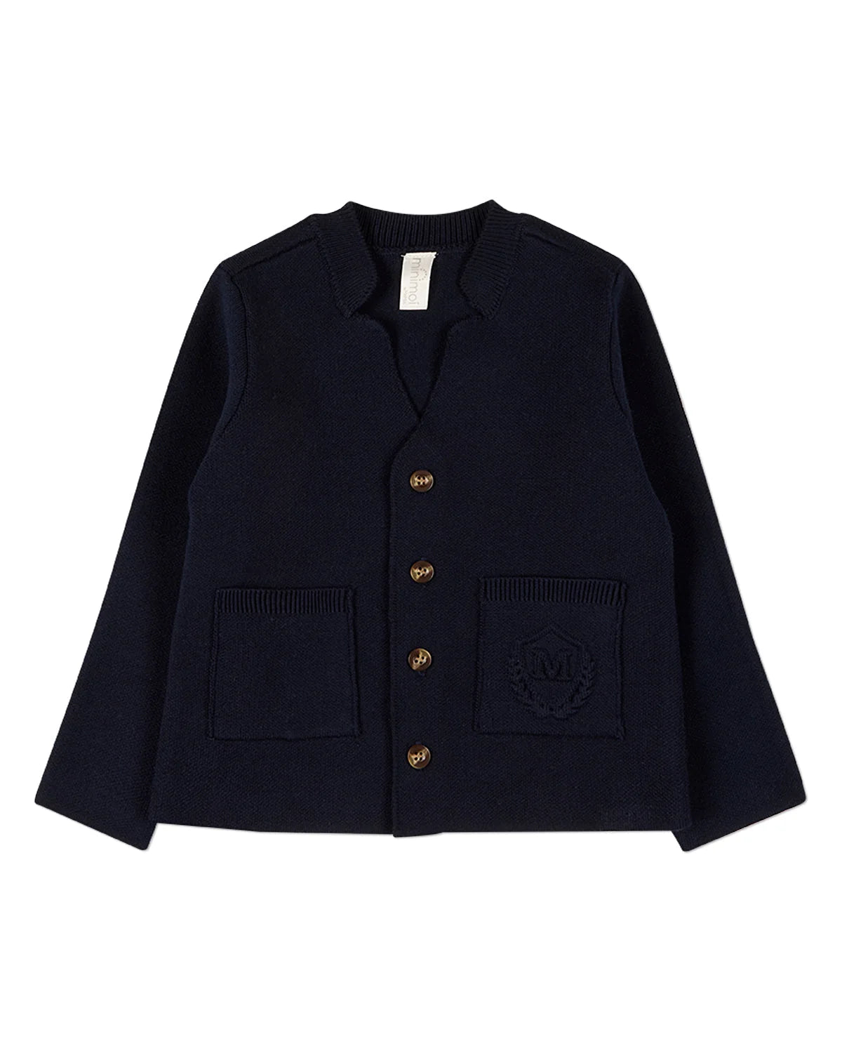 Navy Knit Cardigan With Raised Pocket Crest