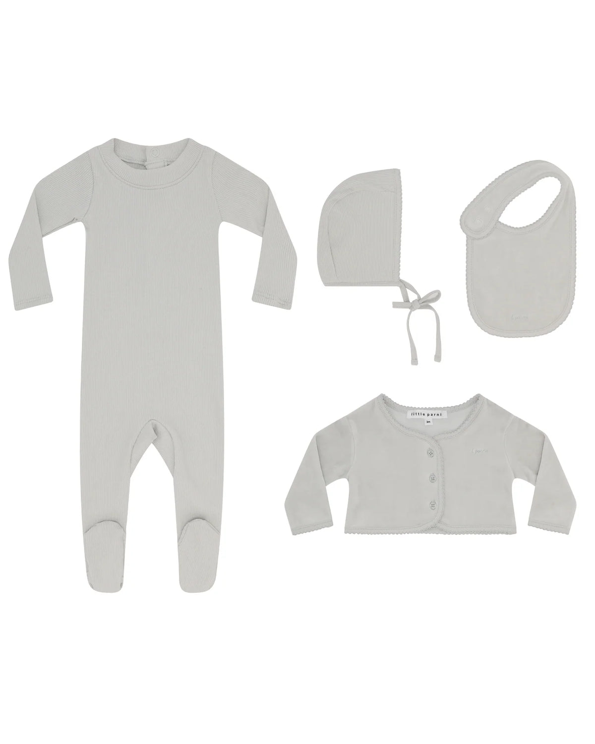 Petite Velour Light Blue Cardigan Set + Bib