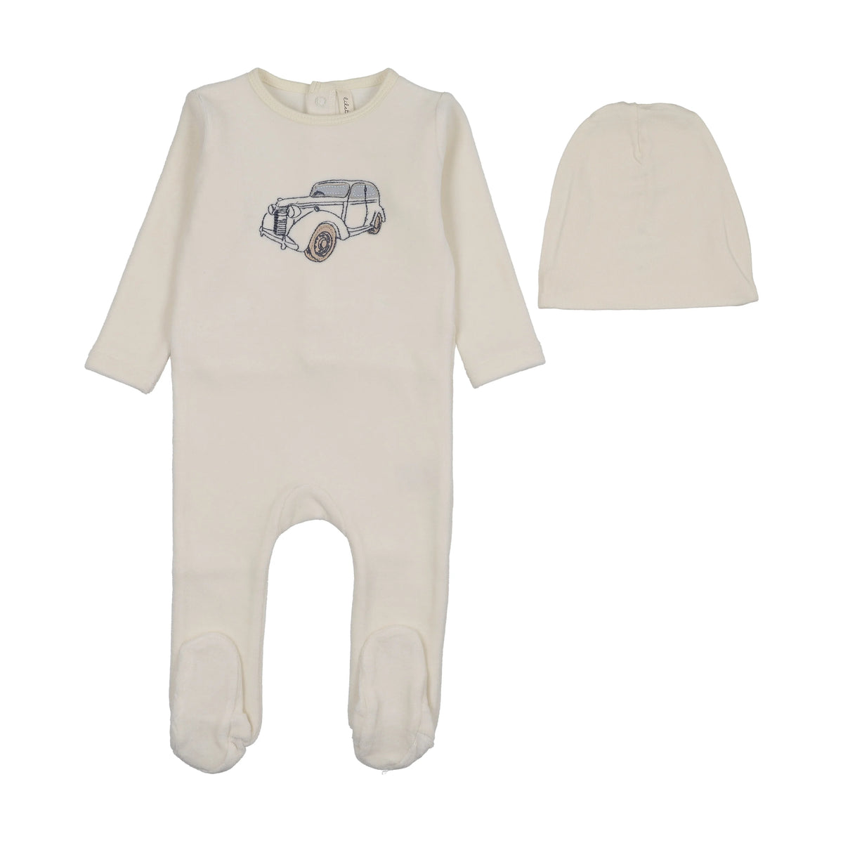 Stitched Graphic Velour Cream/Blue Footie Set