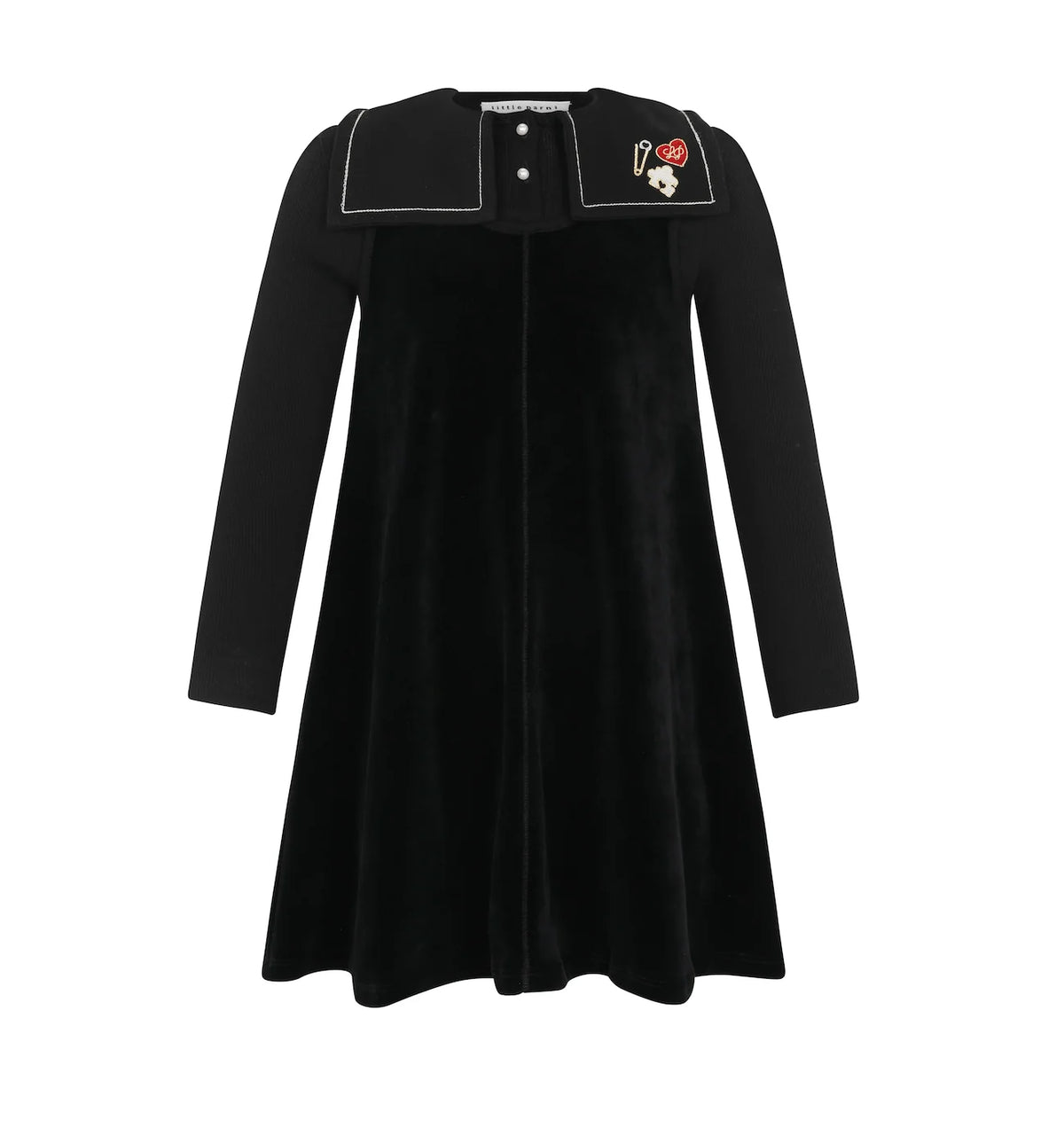 Embroidered Collar Black Velour Dress
