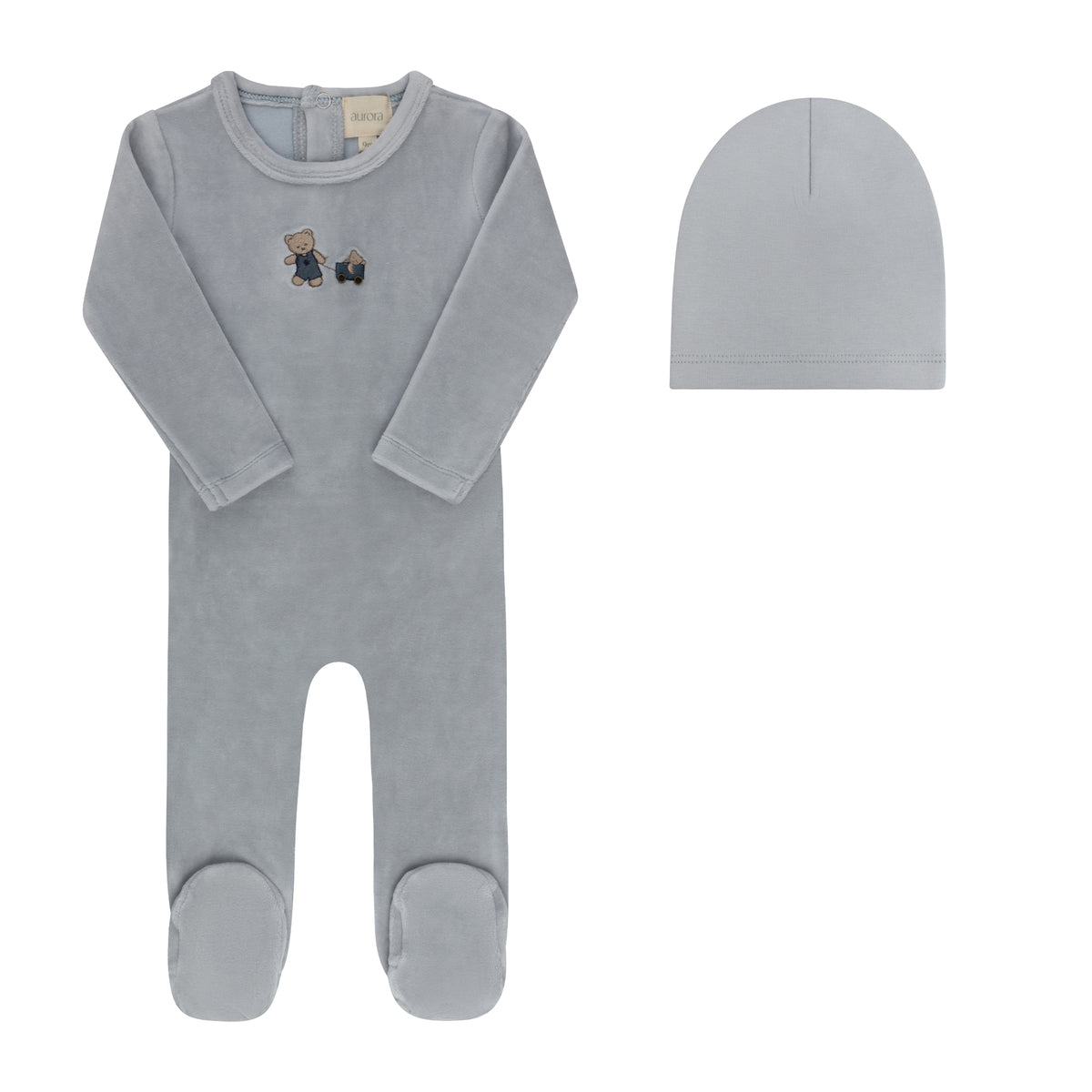 Embroidered Bear Blue Footie and Beanie