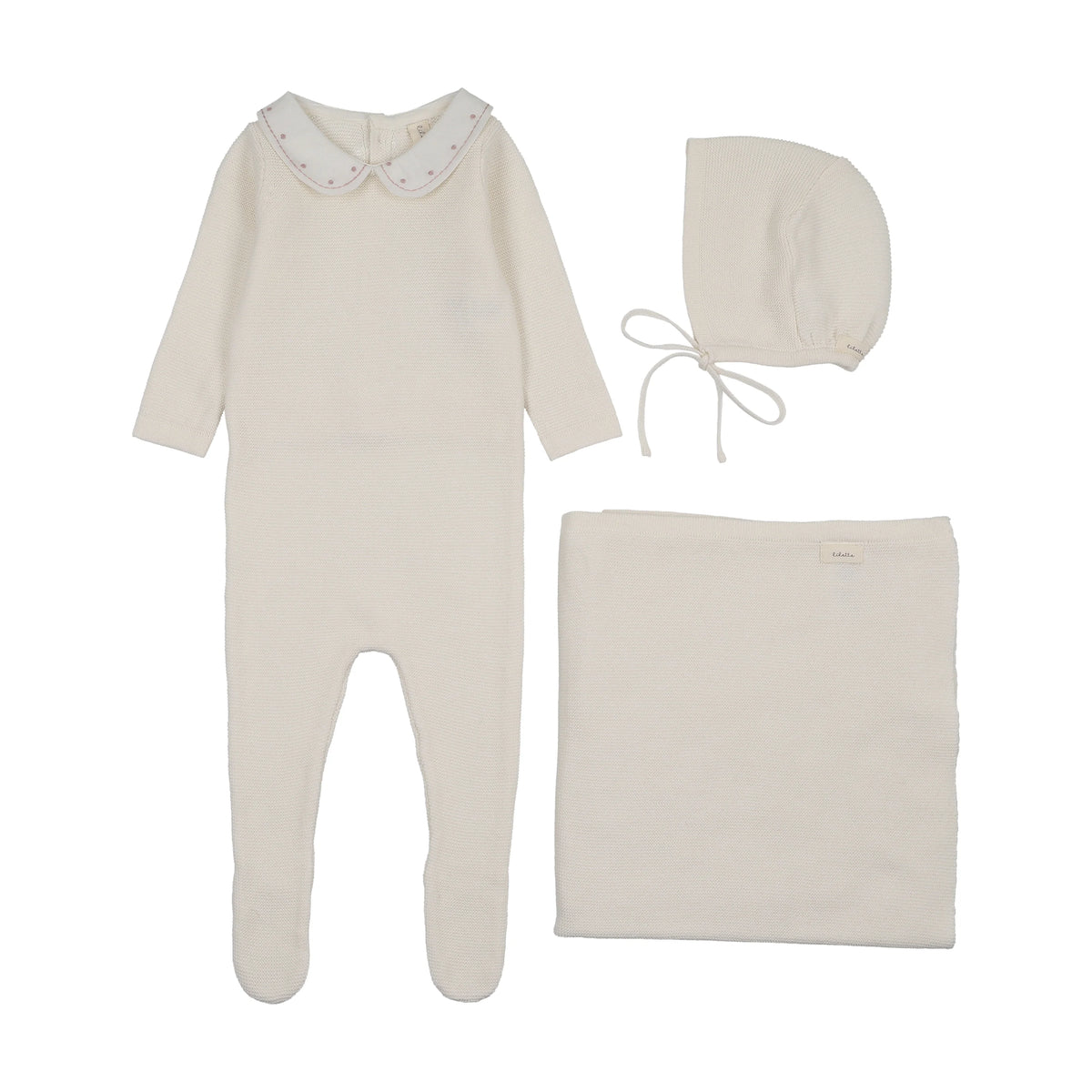 Embroidered Knit Collar Cream/Pink Layette Set