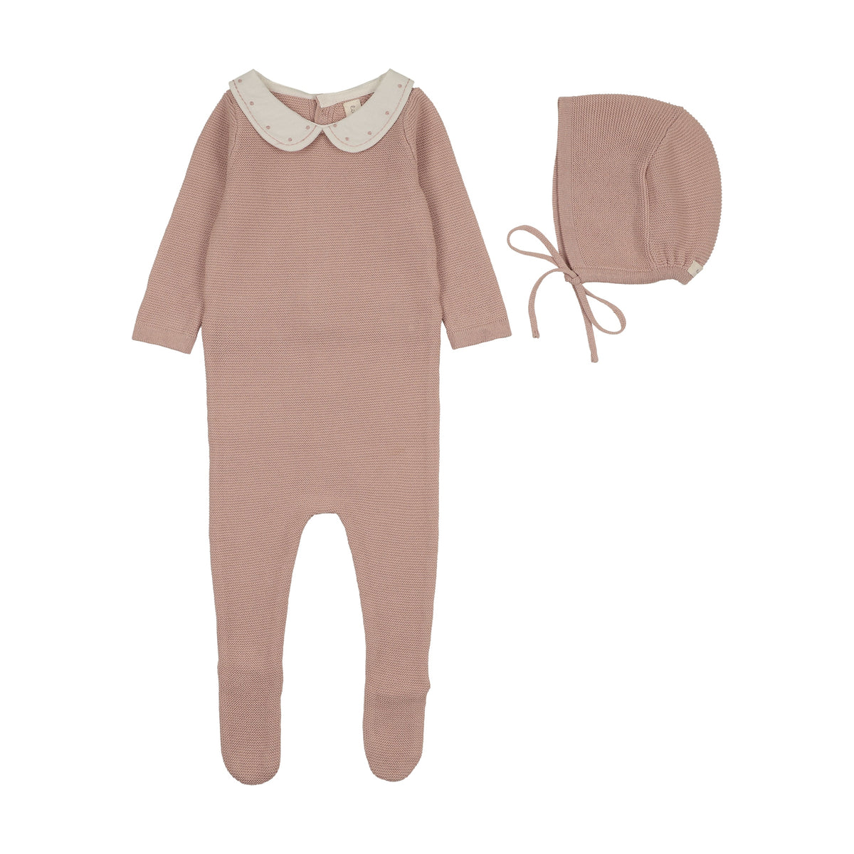 Embroidered Knit Collar Dusty Pink Footie Set