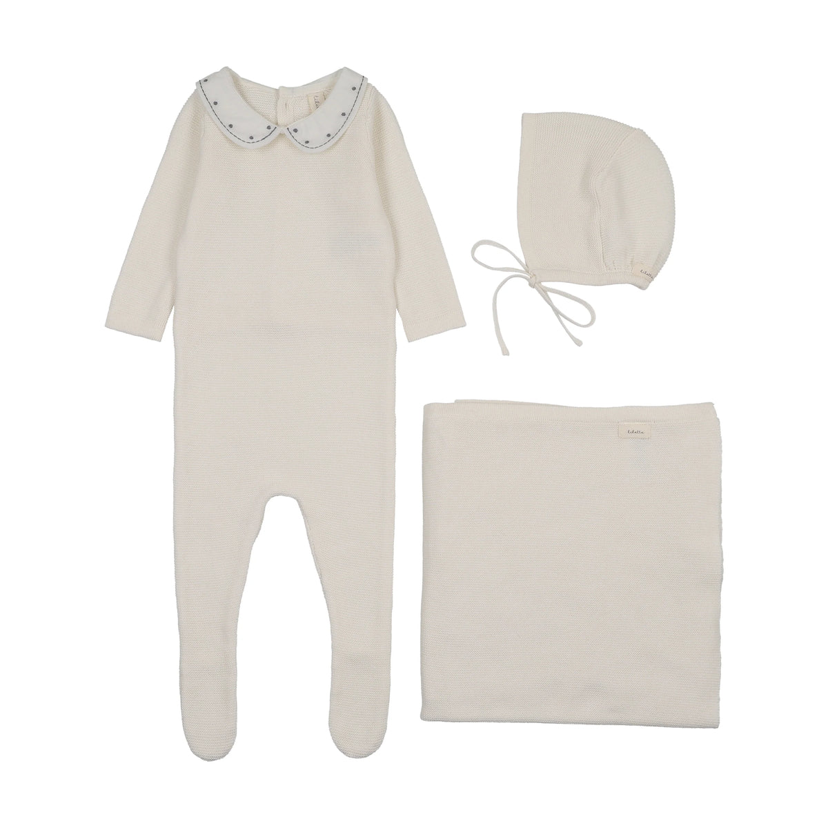 Embroidered Knit Collar Cream/Blue Layette Set