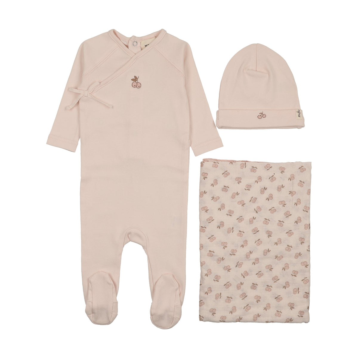 Cherry Print Mock Wrap Baby Blush Pink Three Piece Set