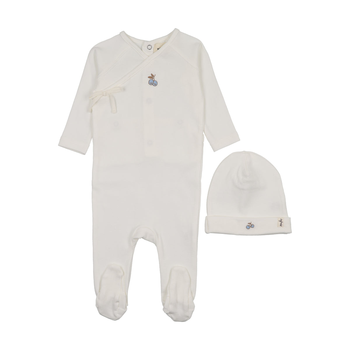 Cherry Print Mock Wrap White Light Blue Footie + Beanie