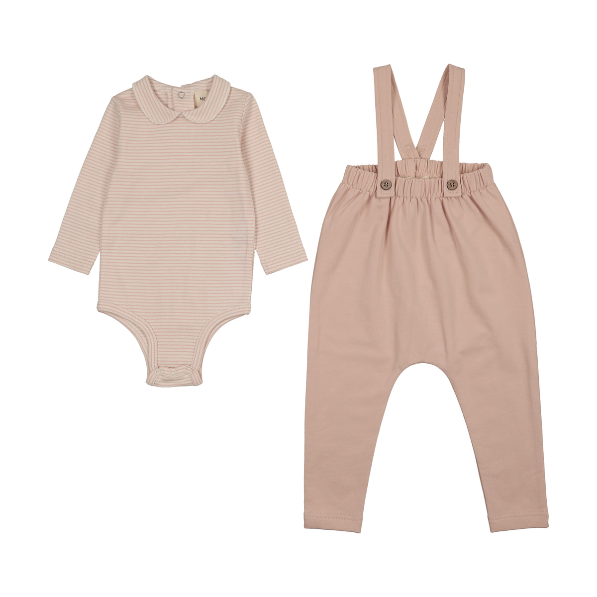 Striped Collared Onesie + French Terry Rose Overall Set