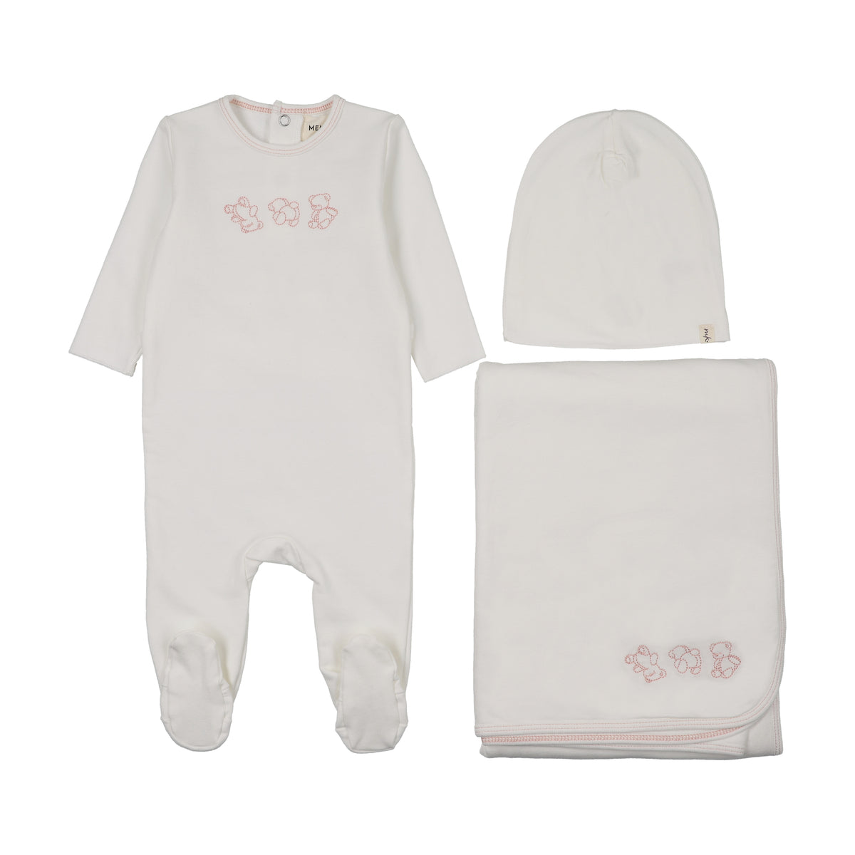 Embroidered Pink Stitch White Teddy Footie with Beanie and Bib
