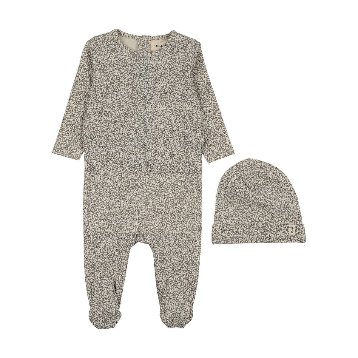 Leaf Printed Blue Footie with Bonnet