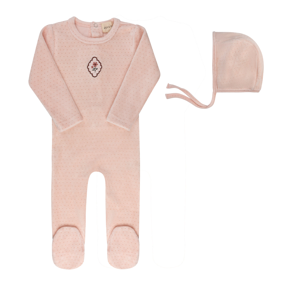 Embroidered Floral Dot Pink Footie and Bonnet