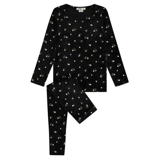 Velour Heart Printed Black Gold And White Heart Print Loungewear Set