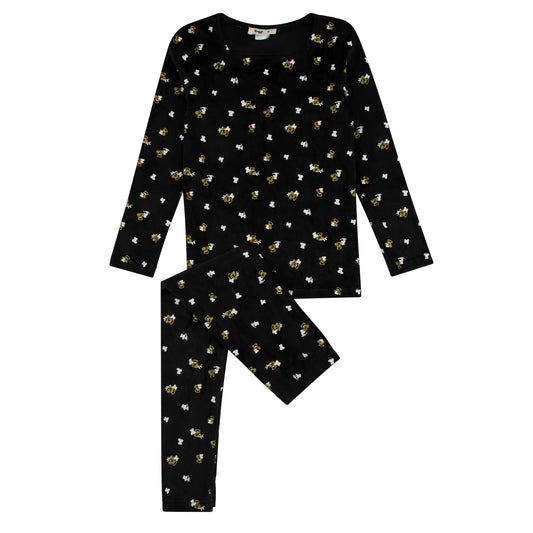 Velour Heart Printed Black Gold And White Teddy Print Loungewear Set