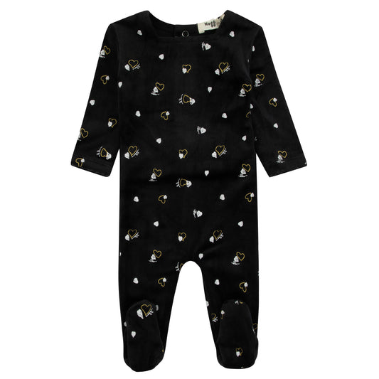 Velour Heart Printed Black Gold And White Heart Print Footie