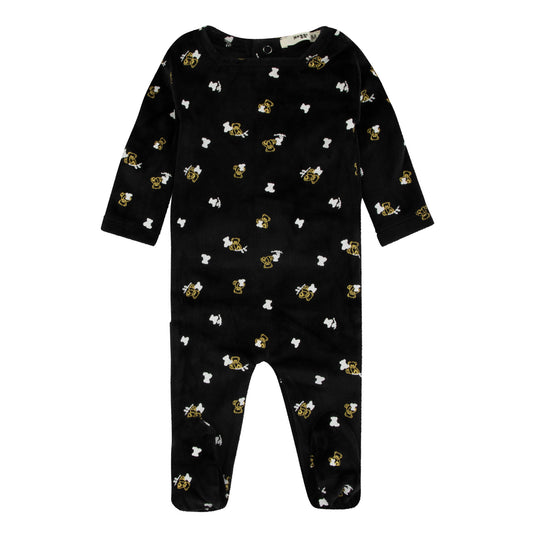 Velour Heart Printed Black Gold And White Teddy Print Footie
