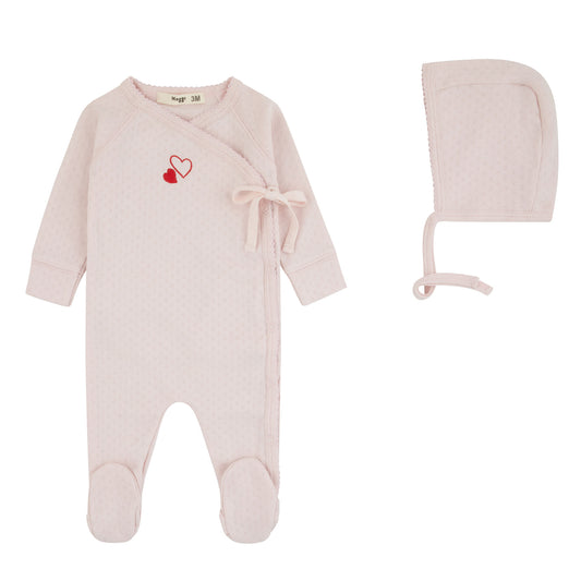 Pointelle Red Hearts Pink Footie And Bonnet