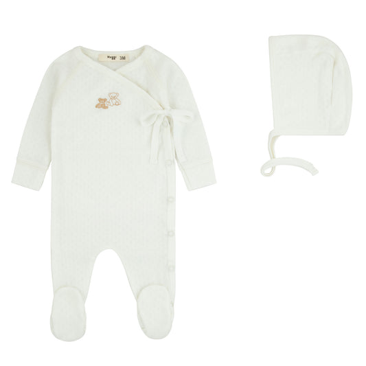 Pointelle Tan Bears Ivory Footie And Bonnet