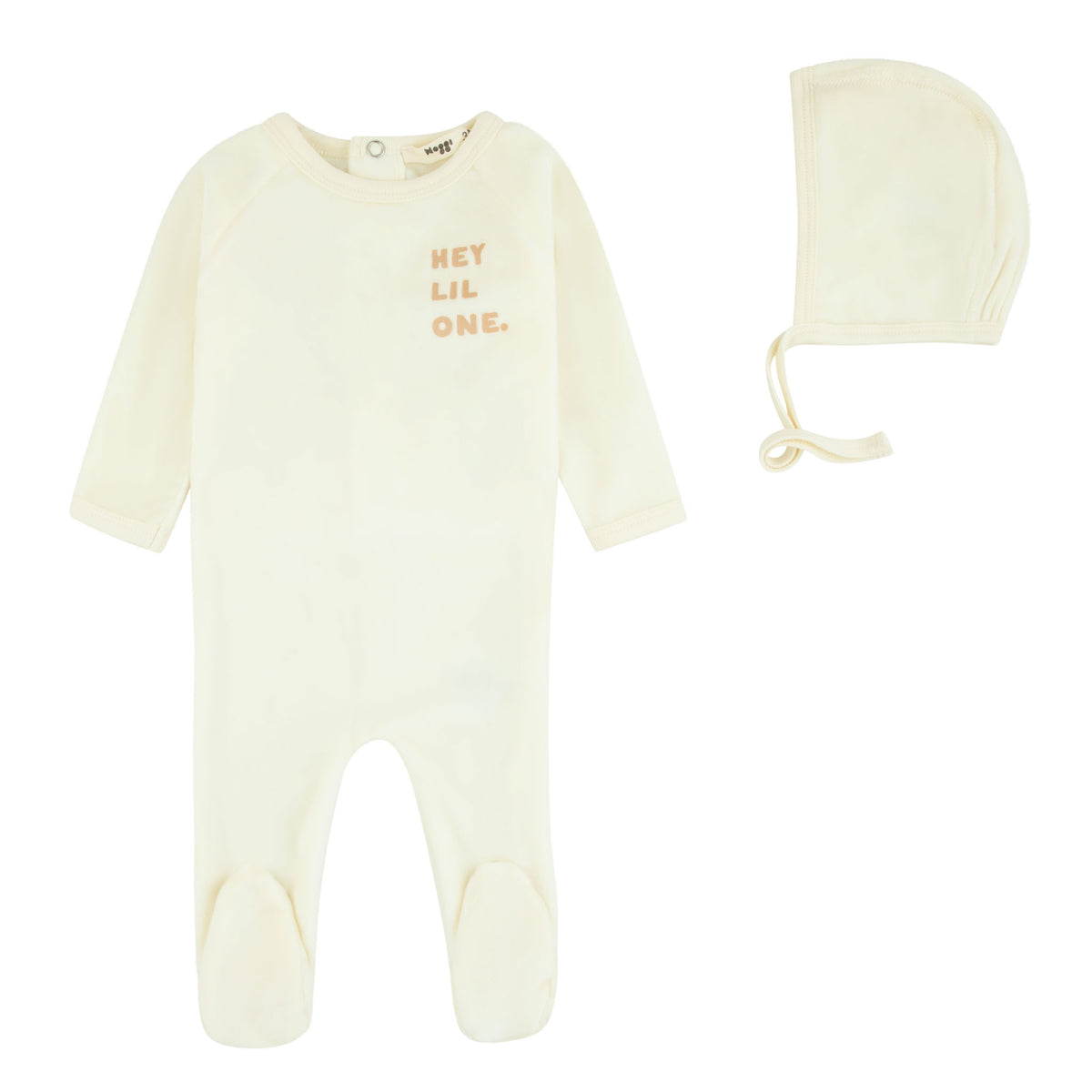 Hey Lil One Beige Footie And Bonnet