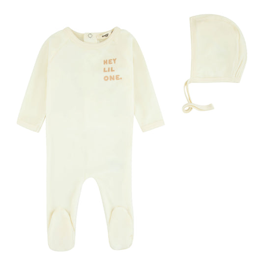 Hey Lil One Beige Footie And Bonnet