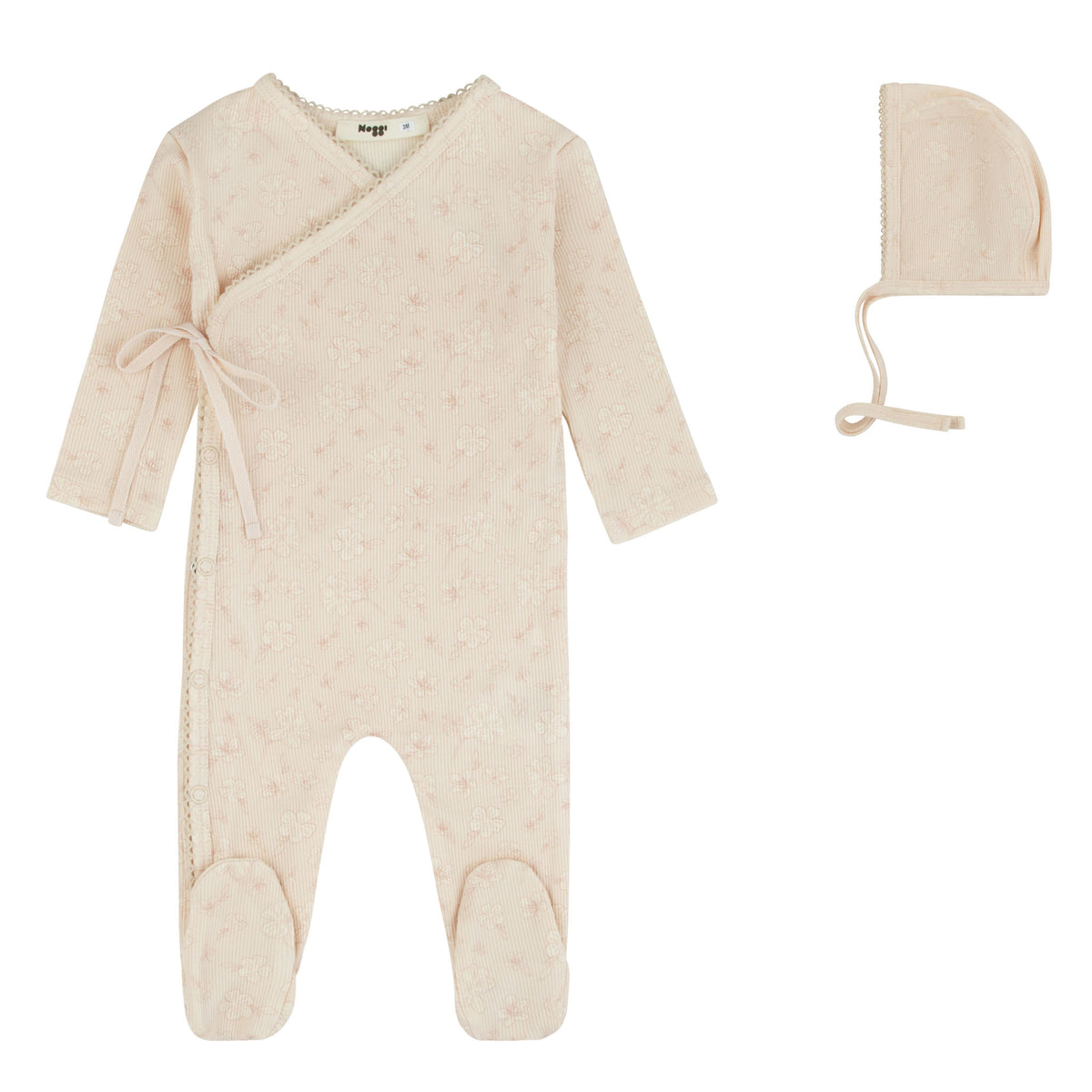 Ribbed Floral Wrap Dusty Pink Print Footie And Bonnet
