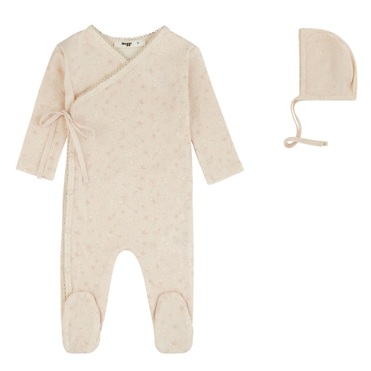 Ribbed Floral Wrap Dusty Pink Print Footie And Bonnet