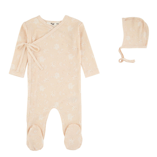 Ribbed Floral Wrap Dusty Blue Print Footie And Bonnet