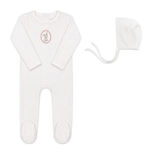 Bunny Pin Dot Ivory Girl Footie + Bonnet