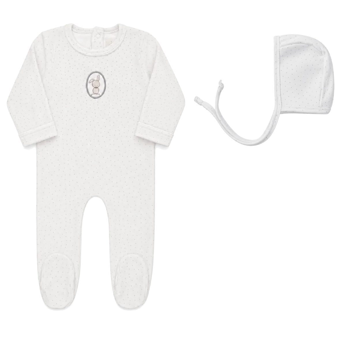 Bunny Pin Dot Ivory Boy Footie + Bonnet