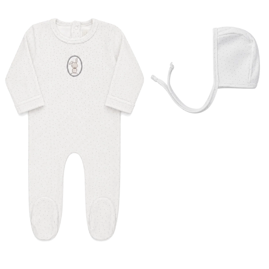 Bunny Pin Dot Ivory Boy Footie + Bonnet
