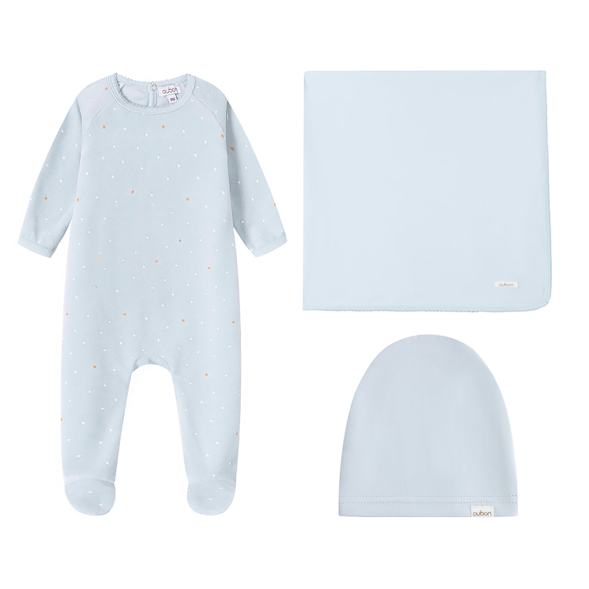 Velour Star All Over Blue Print Footie and Hat
