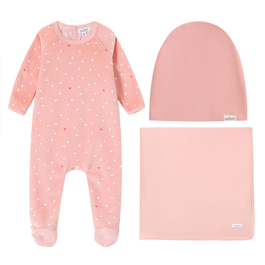 Velour Heart All Over Pink Print Footie
