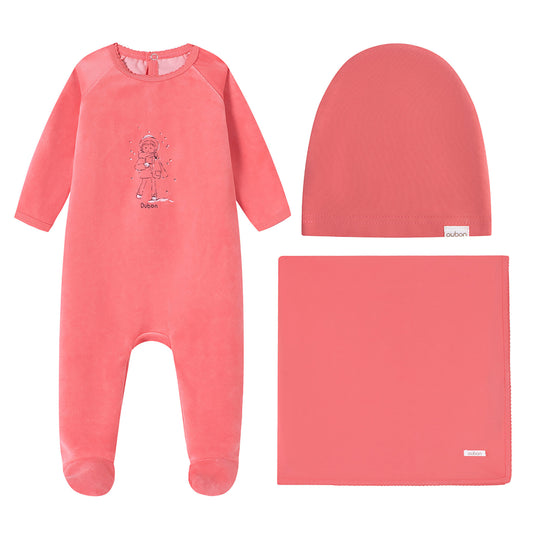 Girl In Snow Print Pink Velour Footie and Hat