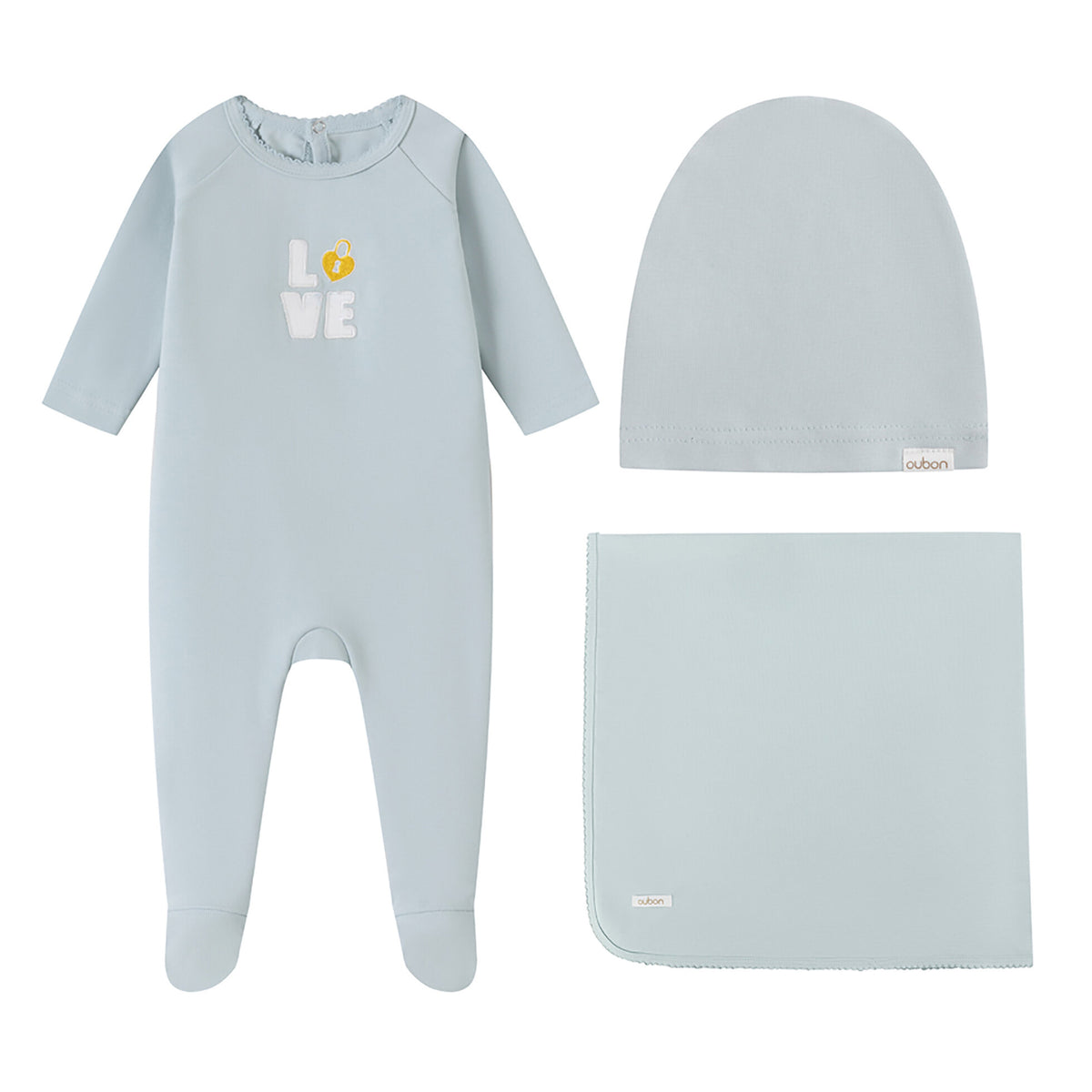 Love Patchwork Cotton Blue Footie and Hat