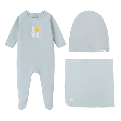 Love Patchwork Cotton Blue Footie and Hat