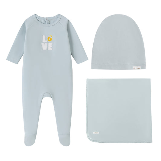 Love Patchwork Cotton Blue Footie and Hat