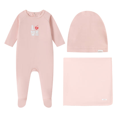Love Patchwork Pink Cotton Footie and Hat