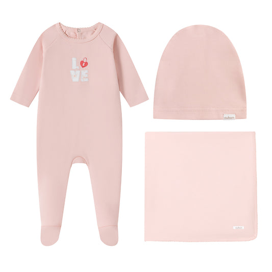Love Patchwork Pink Cotton Footie and Hat