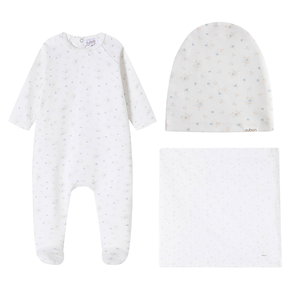 Floral Cluster Print Blue Footie and Hat