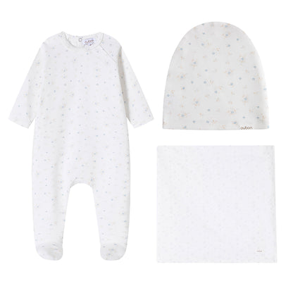Floral Cluster Print Blue Footie and Hat
