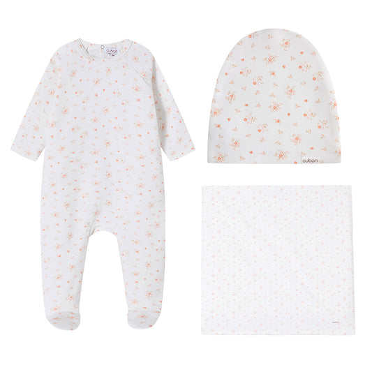 Floral Cluster Print Pink Footie and Hat