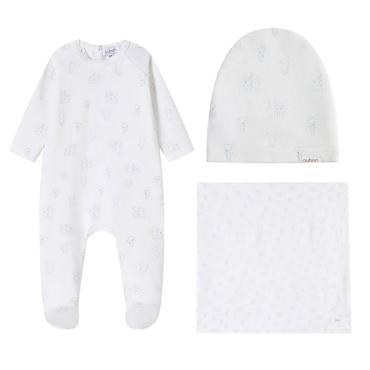 Teddy All Over Print Blue Footie and Hat