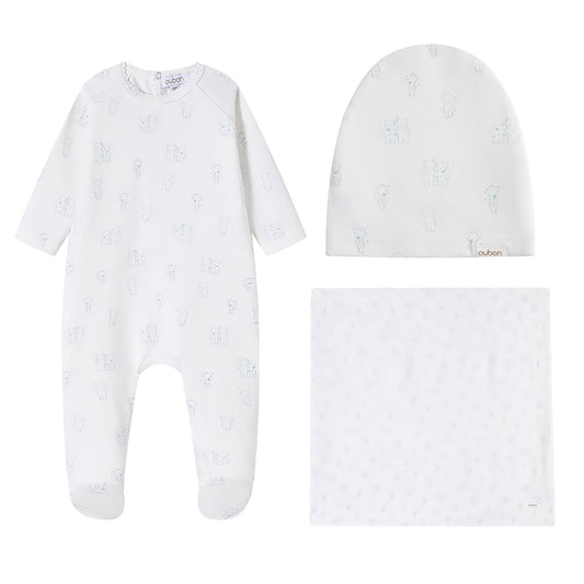 Teddy All Over Print Blue Footie and Hat