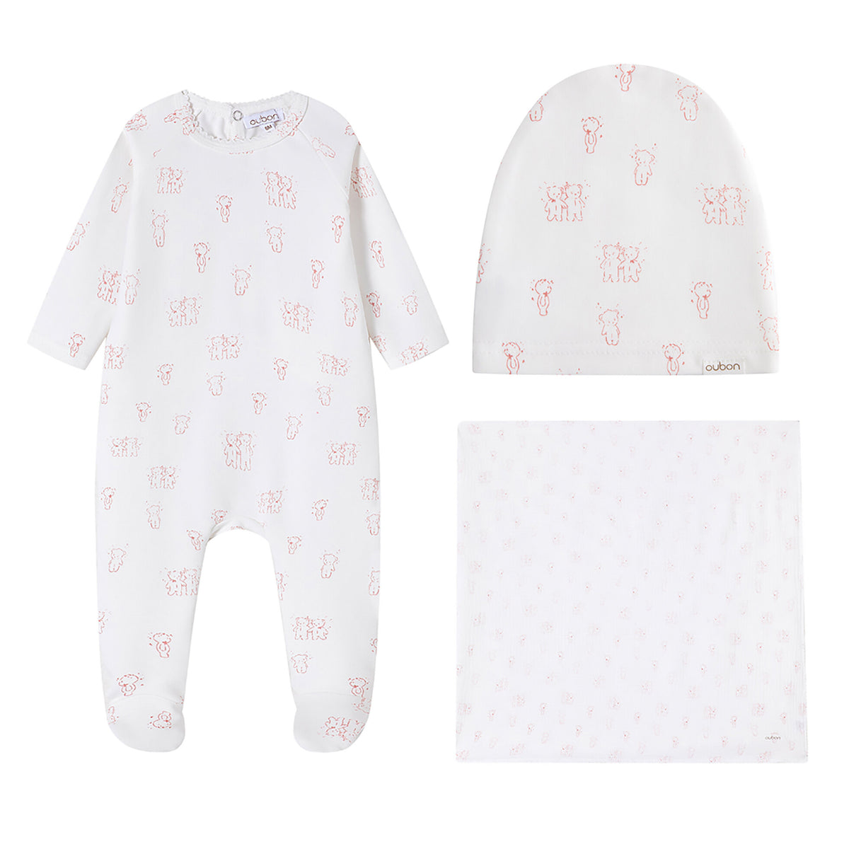Teddy All Over Pink Print Footie and Hat