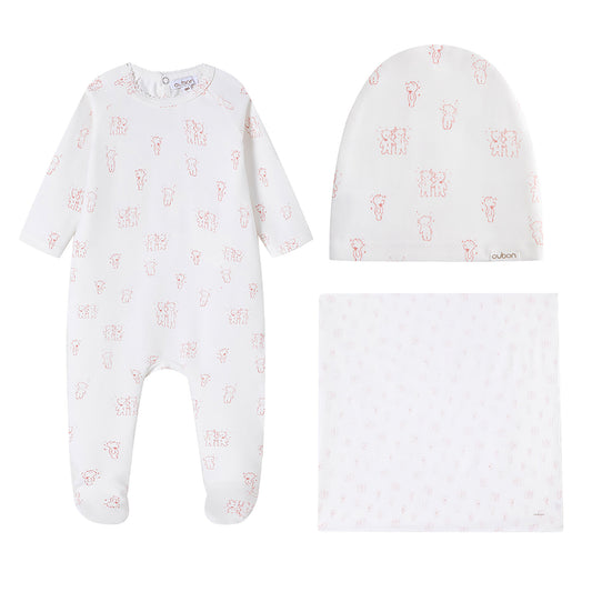 Teddy All Over Pink Print Footie and Hat