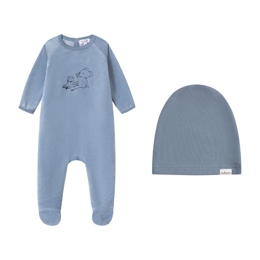Bear And Honey Blue Velour Footie and Hat