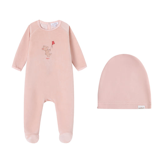 Bear And Kyte Pink Velour Footie and Hat