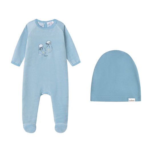 Bootie Print Blue Velour Footie and Hat